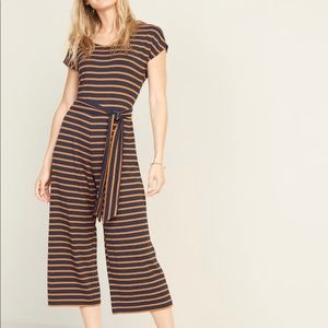 Jersey Tie-Belt Cap-Sleeve Jumpsuit